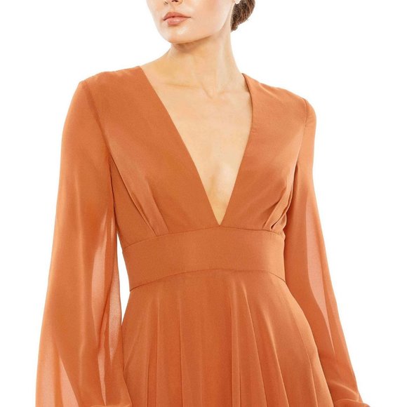 Mac Duggal Terra Cotta Chiffon Long Sleeve Plunge V-Neck Gown Size: 4 NWT - Picture 2 of 5
